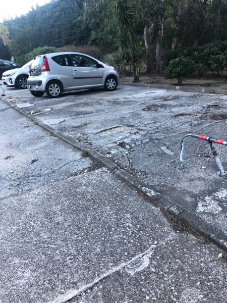 Parking fortement dégradé par le soulèvement d'enrobé dû aux racines des arbres dans une copropriété à La ciotat